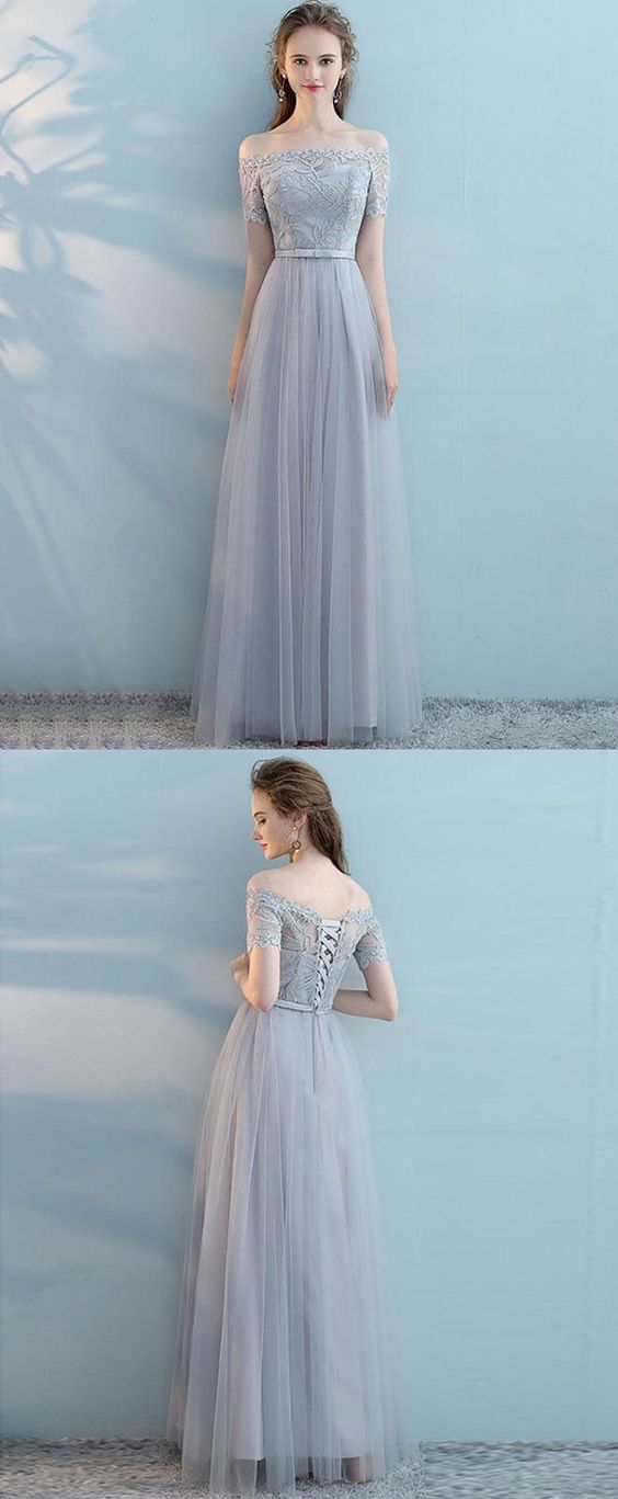 Gray Tulle Lace Long Prom Dress, Gray Tulle Bridesmaid Dress M5791