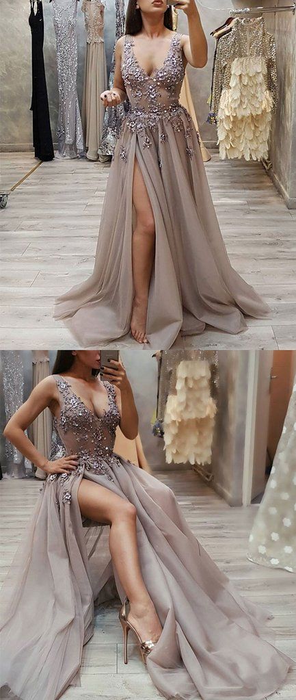 Gray V Neck Tulle Lace Long Prom Dress, Gray Evening Dress M5798