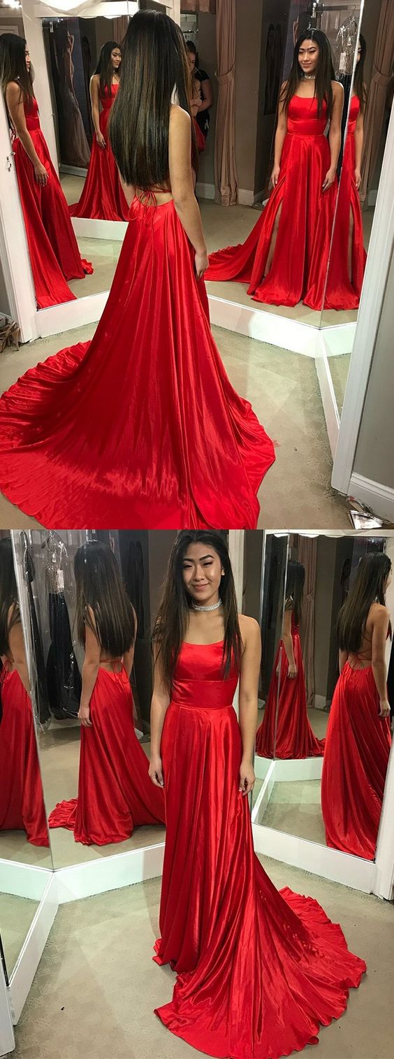 A-line Spaghetti Straps Red Satin Prom Dress With Split M5807