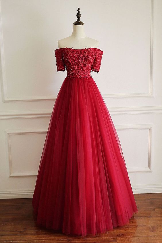 Burgundy Tulle Lace Long Prom Dress, Burgundy Tulle Evening Dress M5809
