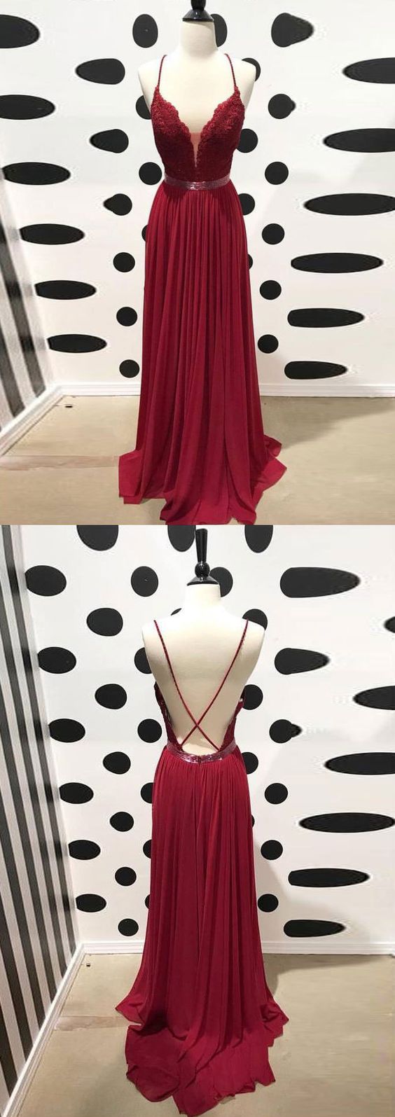 Chic A-line Spaghetti Straps Chiffon Burgundy Lace Prom Dress Evening Dresses M5815