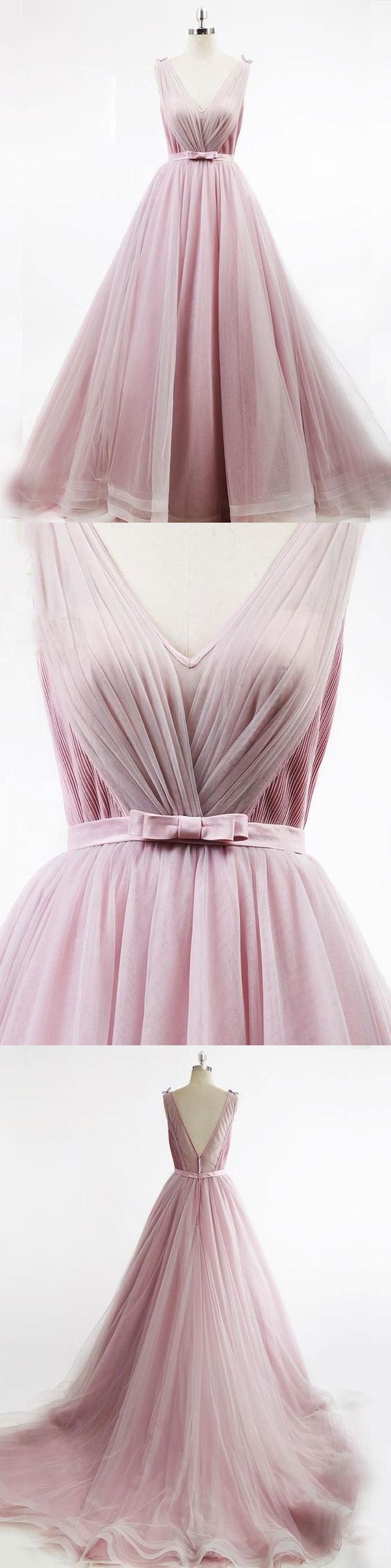 Chic A-line V Neck Tulle Prom Dress Simple Pink Evening Dresses Formal Dresses M5818