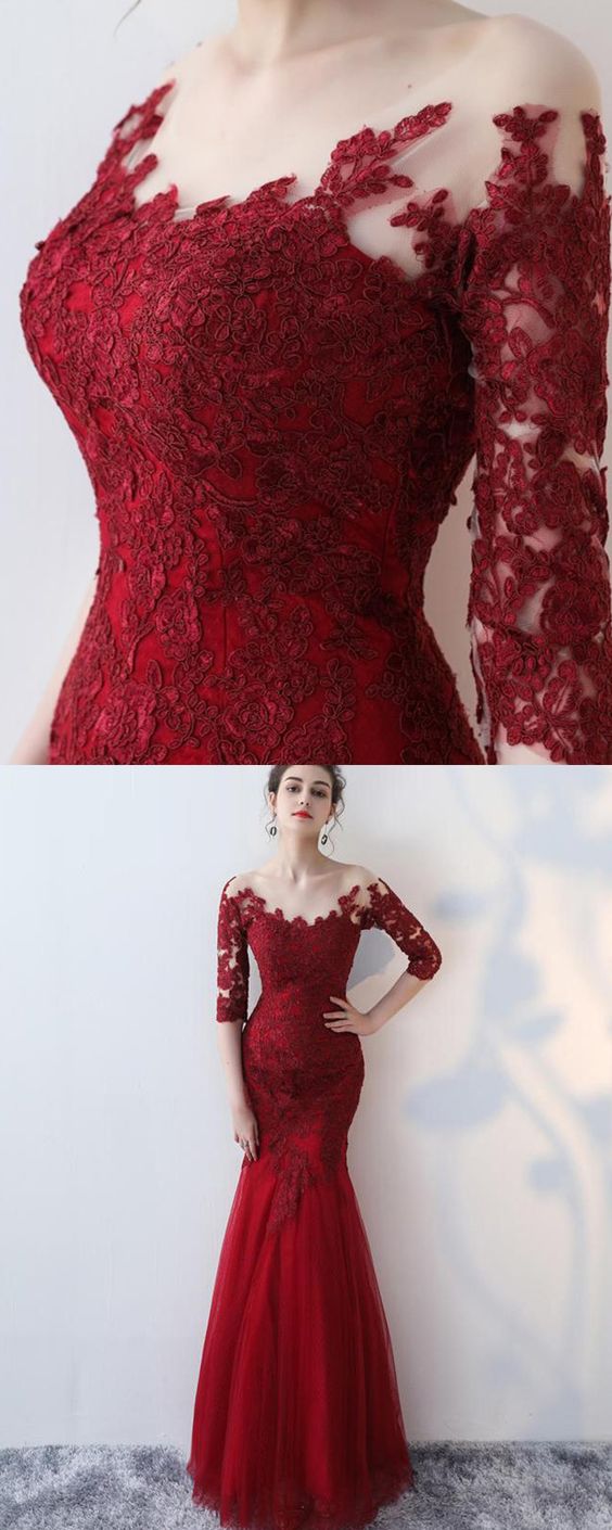 Scoop Lace Appliqued Red Prom Dress With Long Sleeves, Mermaid Long Formal Dress With Sleeves M5887
