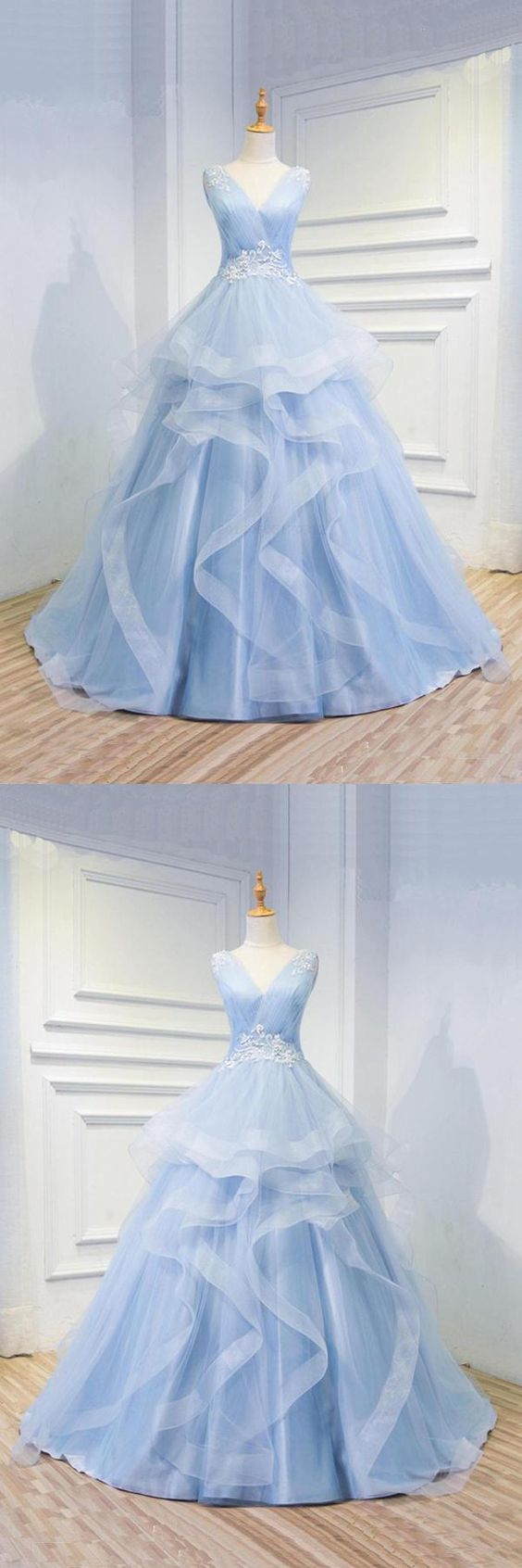 Blue Design Baby Blue Organza Long V Neck Halter Formal Prom Dress, Beaded Evening Dress M5892