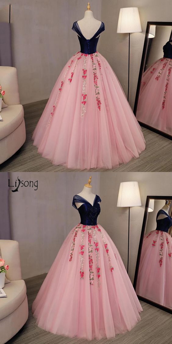 Floral Prom Gowns Navy Blue With Coral Pink Ball Gowns M5894