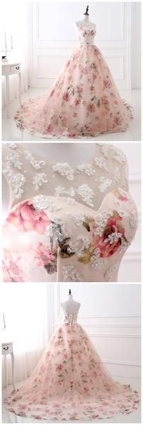 Unique Flower Fabric A-line Bateau Lace Long Evening Prom Dresses, Sparkly Sweet 16 Dresses M5936
