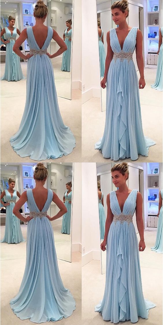 Light Blue Chiffon Prom Dresses Deep V Neck Evening Gowns , Long Prom Dress With Beaded Waist,women Party Gowns M5938