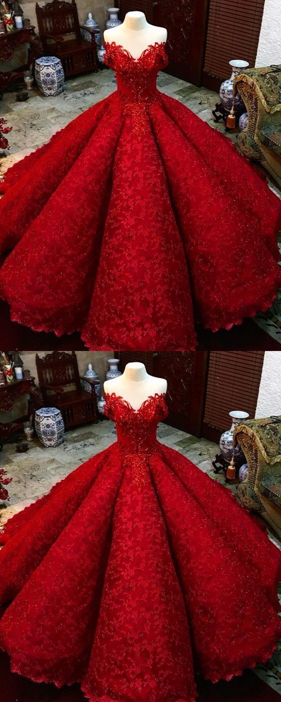 Ball Gown Red Prom Dress With Beads Off the Shoulder Floor-Length Lace Quinceanera Dress Sweet 16 Dresses for Girls M5942