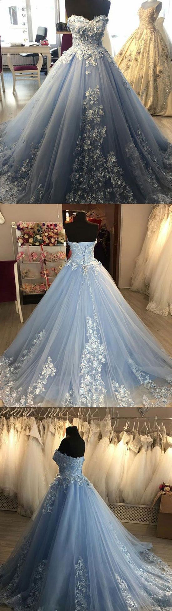 Ball Gown Sweetheart Neck Tulle Lace Blue Long Prom Dress main image 1