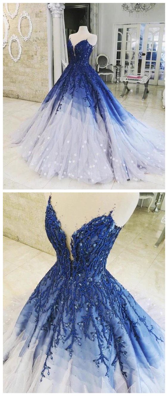 A-line Ombre Prom Dress With Applique Royal Blue Prom Dresses Long Evening Dress M5981