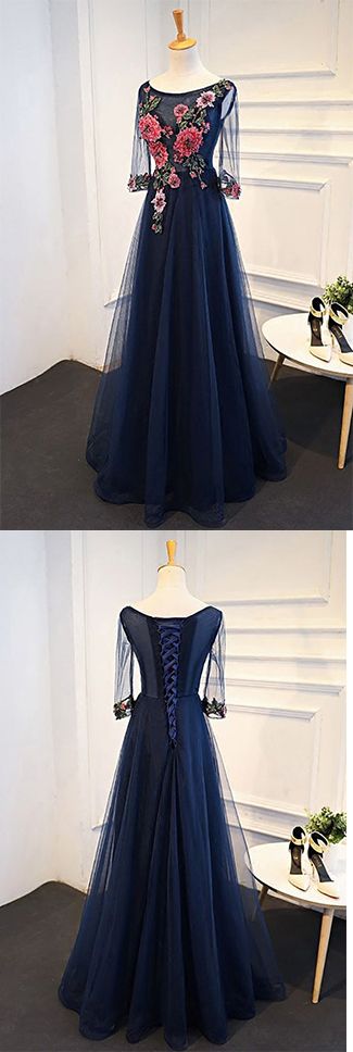 Navy Blue Tulle A-line Flower Appliques Prom Dress With Sleeves,long Formal Evening Dress M5982