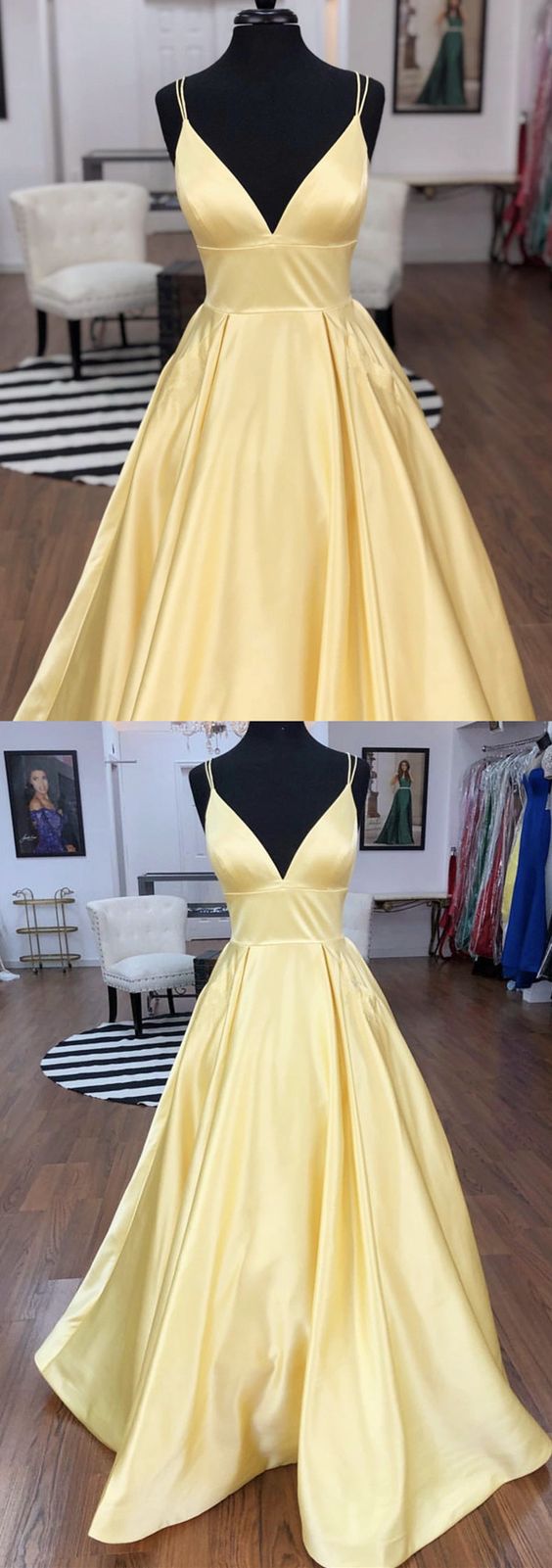 Sexy Straps V-neck Satin Long Prom Dresses 2019 With Pocket M5988
