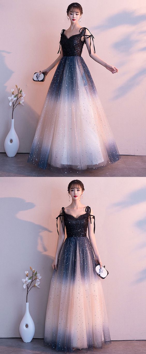 Black Sweetheart Tulle Sequin Long Prom Dress, Black Evening Dress M6026