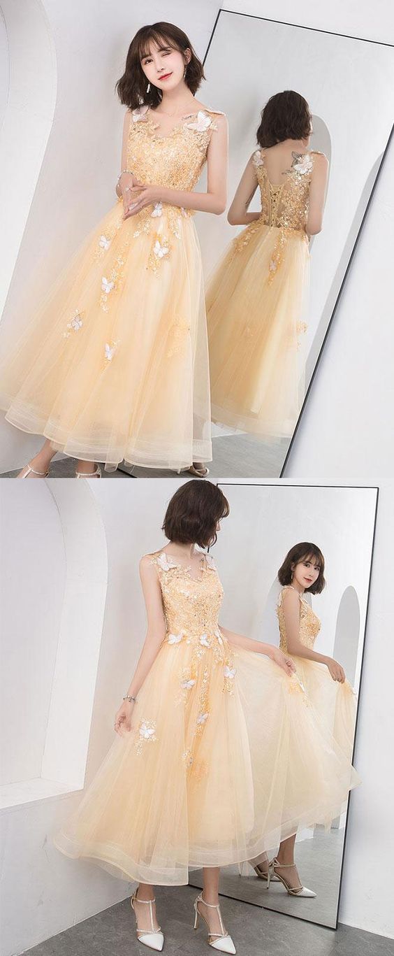 Gold V Neck Tulle Lace Short Prom Dress, Gold Homecoming Dress M6028
