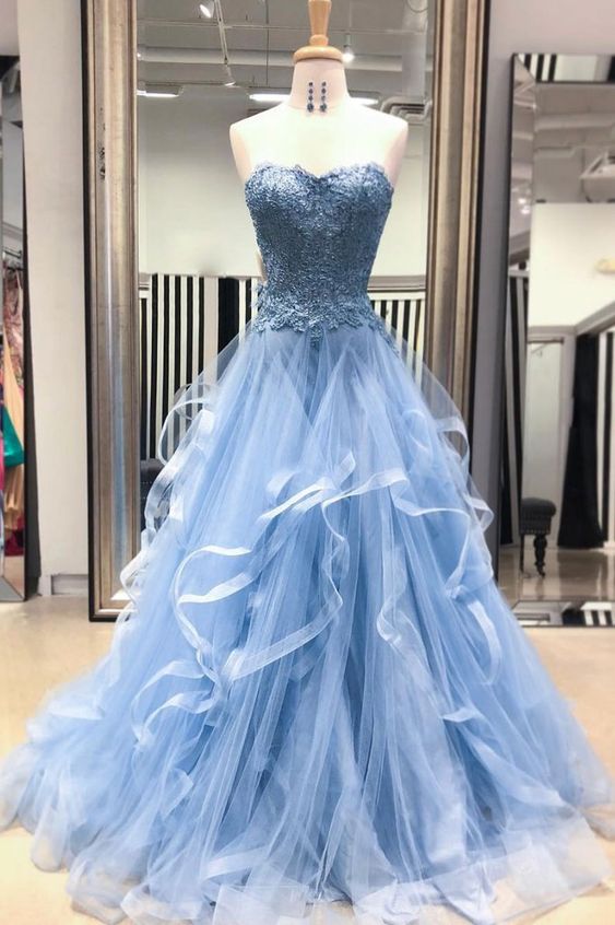 Blue Sweetheart Neck Tulle Lace Long Prom Dress, Blue Lace Evening Dress M6033