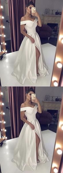 White V Neck Off Shoulder Long Prom Dress, White Evening Dress M6044