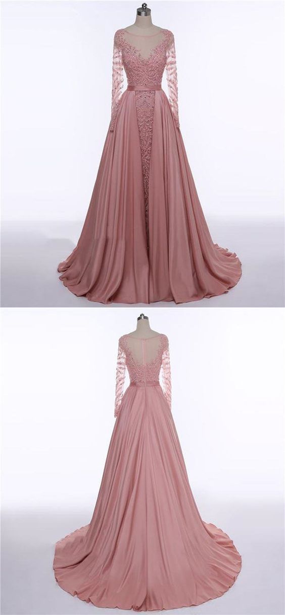 A-line Scoop Neckline Satin Long Sleeves Prom Dresses M6070