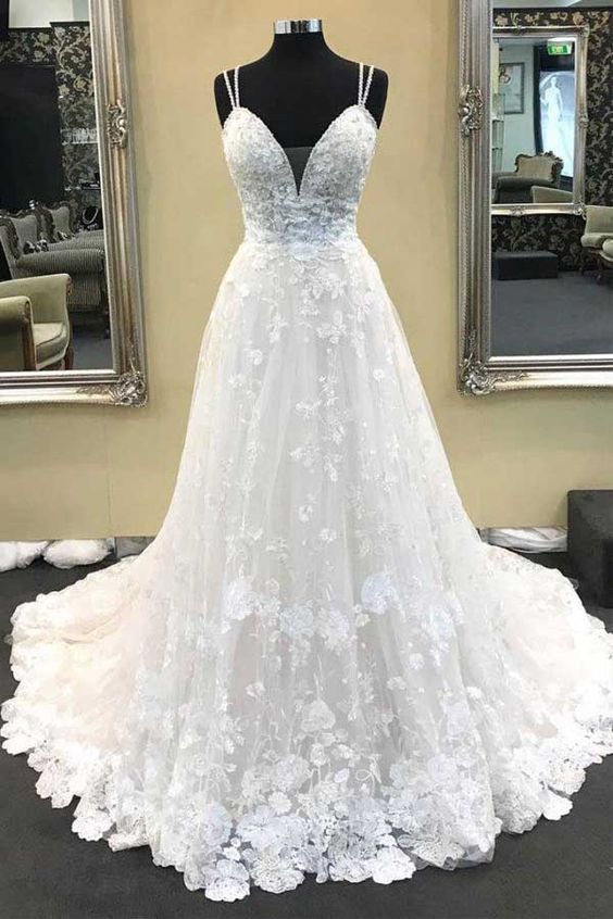 Ball Gown V Neck Spaghetti Straps Ivory Lace Long Wedding Dresses M6106