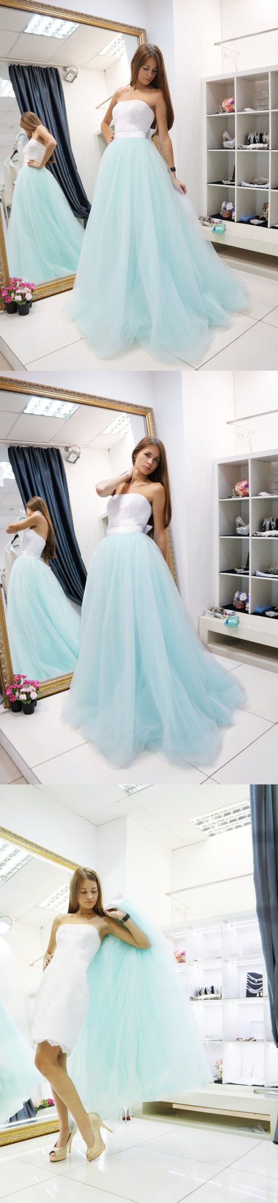 A-line Strapless Light Blue Prom Dresses Lace Long Prom Dress Evening Dress M6115