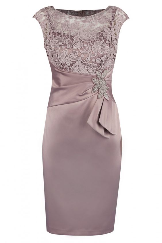 Sheath Bateau Short Satin Mother Of The Bride Dress With Lace Beading M6136