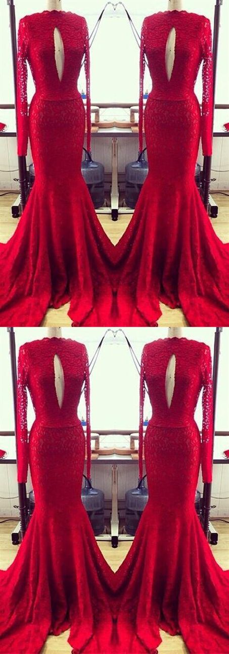 Red Long Sleeves Cut Out Lace Prom Dresses Mermaid Evening Dresses M6175