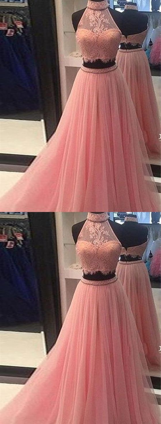 Pink Two Piece Halter Backless A Line Bridesmaid Dresses Long Prom Dresses M6178