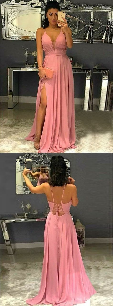 Elegant Spaghetti Straps Lace Chiffon Party Gown,Pink ALine Prom Evening Dress cc2748