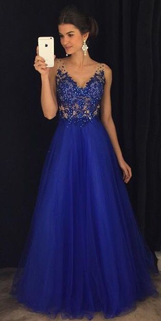 V-neck Satin Long Dresses with Open Back Royal Blue