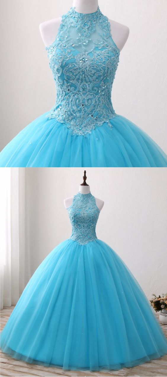 Blue Lace O Neck Strapless Long Tulle Quinceanera Dress, Formal Prom Gown M6257