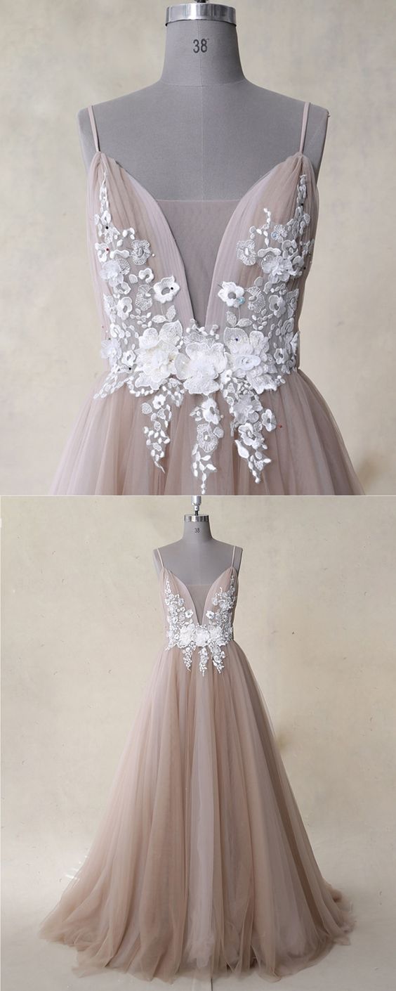 Champagne Tulle Backless Long White Lace Applique Evening Dress, Senior Prom Dress M6261
