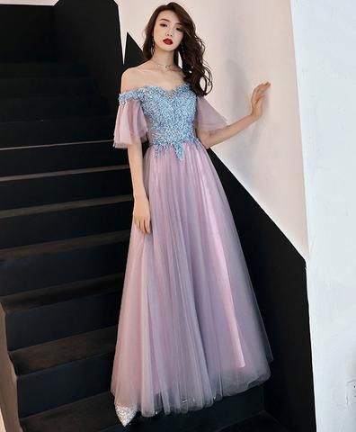 Pink Tulle Lace Long Prom Dress, Pink Tulle Lace Bridesmaid Dress M6263