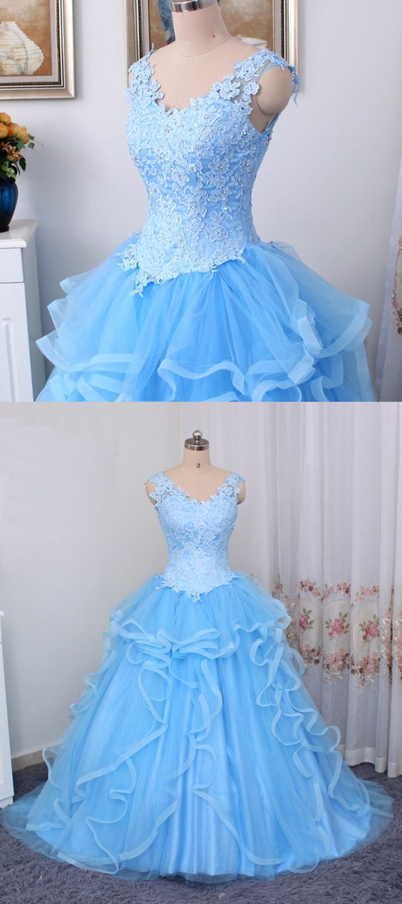 Blue Tulle V Neck Long Lace Top Ruffles Evening Dress, Formal Senior Prom Dress M6265