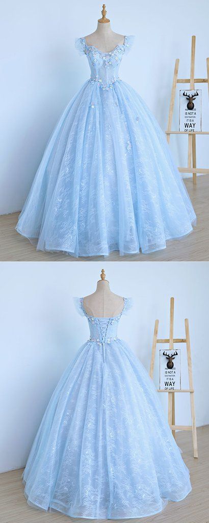 Light Blue Lace Cap Sleeve Long Sweet 16 Prom Dress, Evening Dress M6267