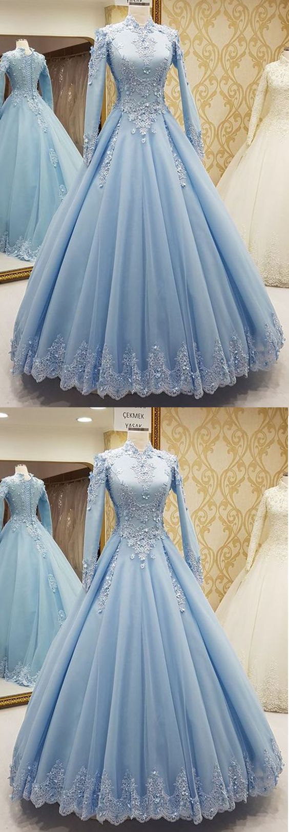 Blue Tulle High Neck Customize Formal Evening Dress With Long Sleeves M6275