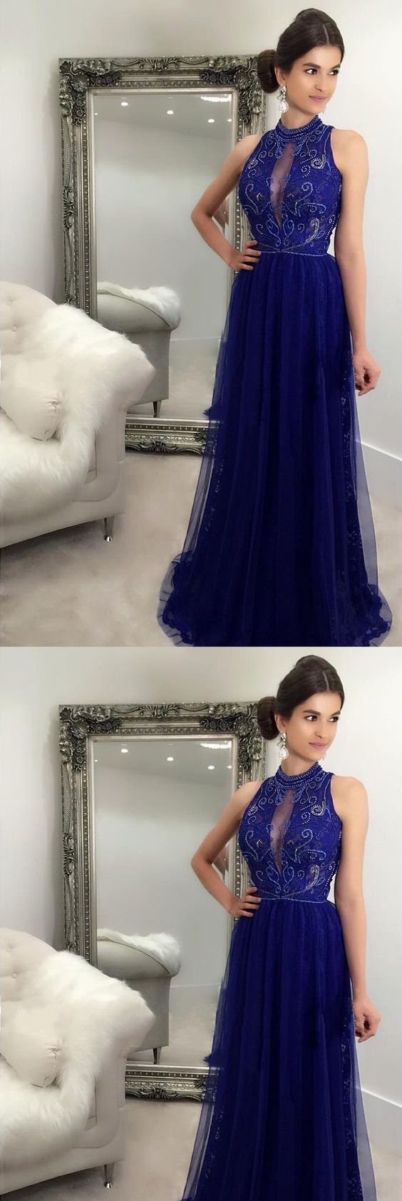 Charming Lace Long Prom Dress High Neck A-line Formal Evening Dress With Beading M6292