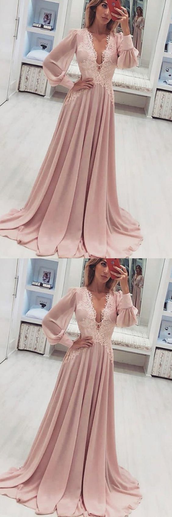 A-line V-neck Long Pink Chiffon Prom Dress With Appliques M6295