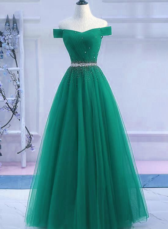 Green Tulle Off Shoulder Beaded Elegant Prom Dress 2019, Junior Party Dress M6316