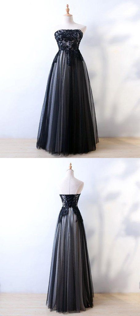 A-line Strapless Black Tulle Appliqued Long Prom Dresses M6327