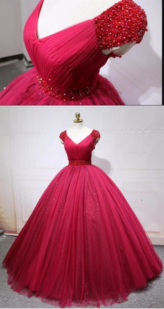 Burgundy Cap Sleeves V Neck Tulle Prom Dresses,a Line Sweet 16 Dresses M6338