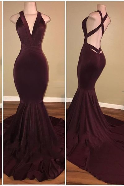 Mermaid Burgundy Halter V-Neck Evening Gowns JTE314