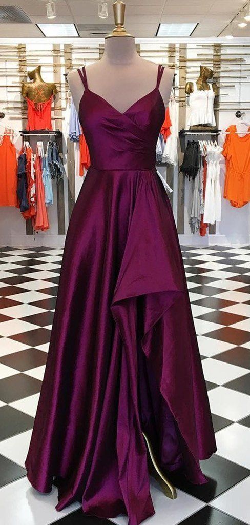 Simple Satin Long Side Slit Prom Dresses M6373