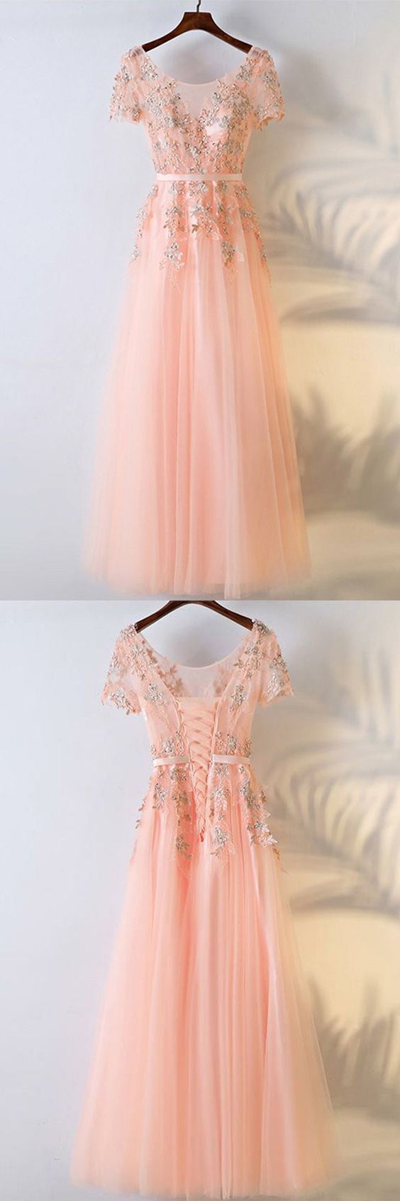 A-line Crew Short Sleeves Floor-length Coral Tulle Prom Dress With Appliques M6388