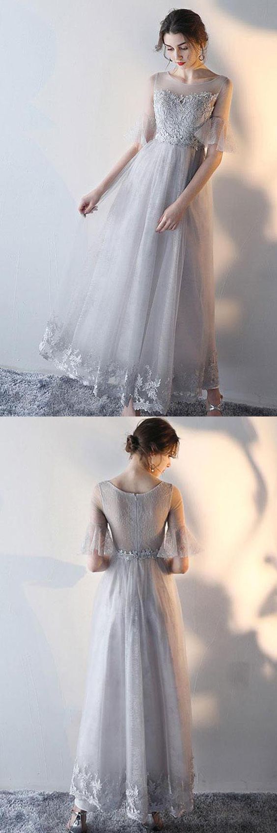 A-line Short Sleeves Gray Tulle Lace Prom Dress Gray Evening Dress M6394