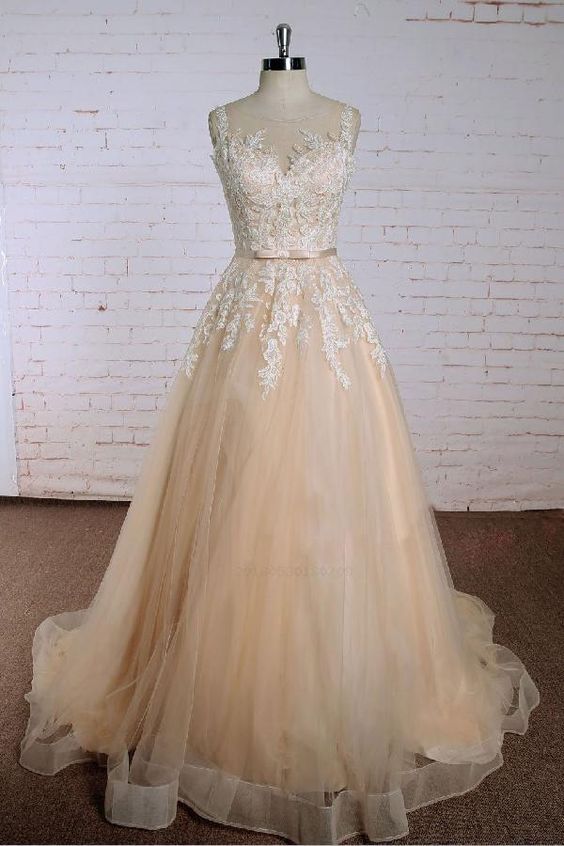 Champagne Round Neck Lace Applique Tulle Long Prom Dress, Tulle Wedding Dress M6415