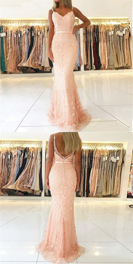 Mermaid Spaghetti Straps Backless Pink Long Prom Dress With Appliques Pearls M6419