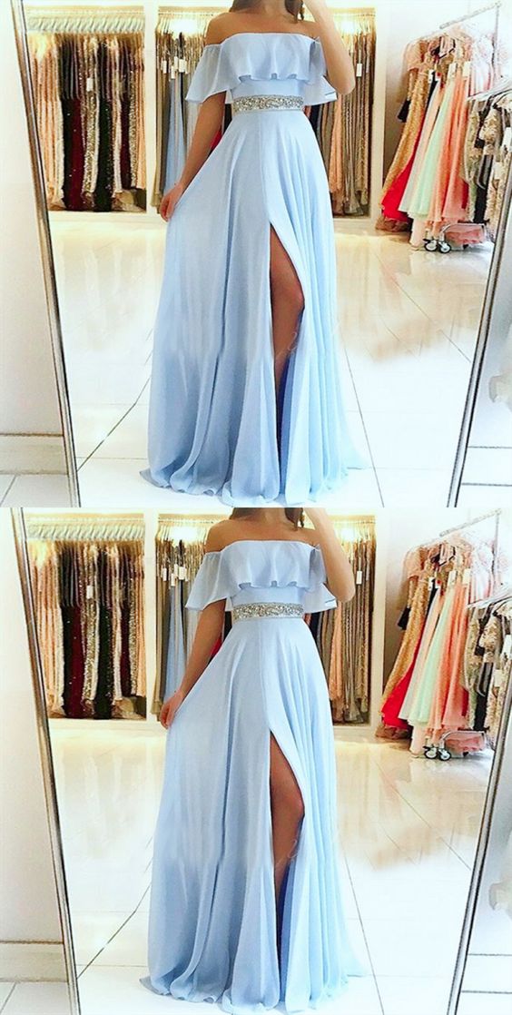 A-line Off The Shoulder Split Front Blue Chiffon Prom Dress With Beading Belt M6420