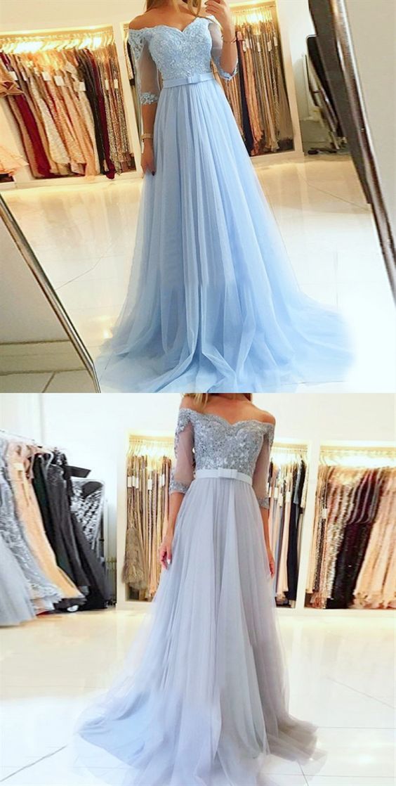A-line Off The Shoulder Half Sleeves Blue Long Prom Dress With Lace ...
