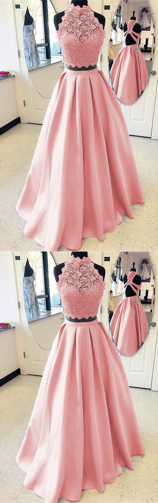 A-line High Neck Open Back Satin Prom Dresses Two Piece M6443