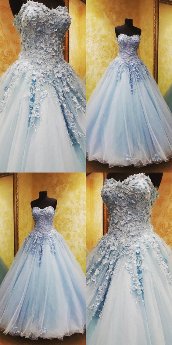 Charming Light Blue Lace Flowers Beaded Sweetheart Tulle Ball Gowns Quinceanera Dresses M6453
