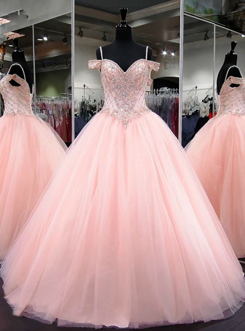 Ball Gown Cap Sleeve Sweet 16 Light Pink Beaded Quinceanera Dress M6458